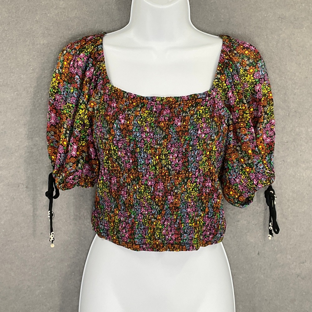 Free People Top Womens XS Floral Smocked Square Neck Puff Sleeve Tie Blouse Boho